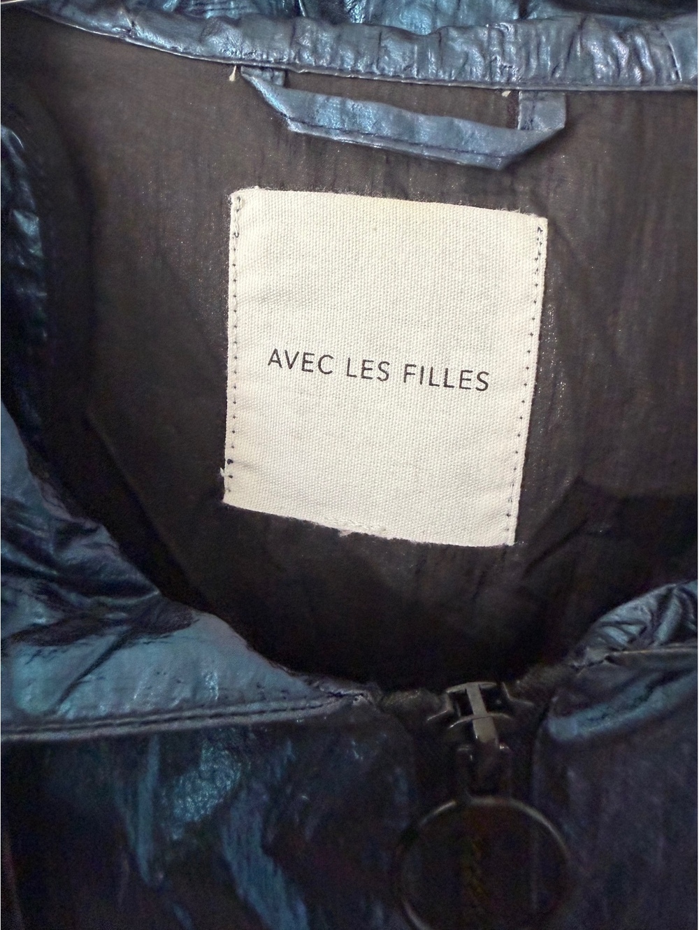 Avec Les Filles Teal Tone Metallic Long Sleeve Zip Up Hooded Rain Jacket Size L - Picture 8 of 9